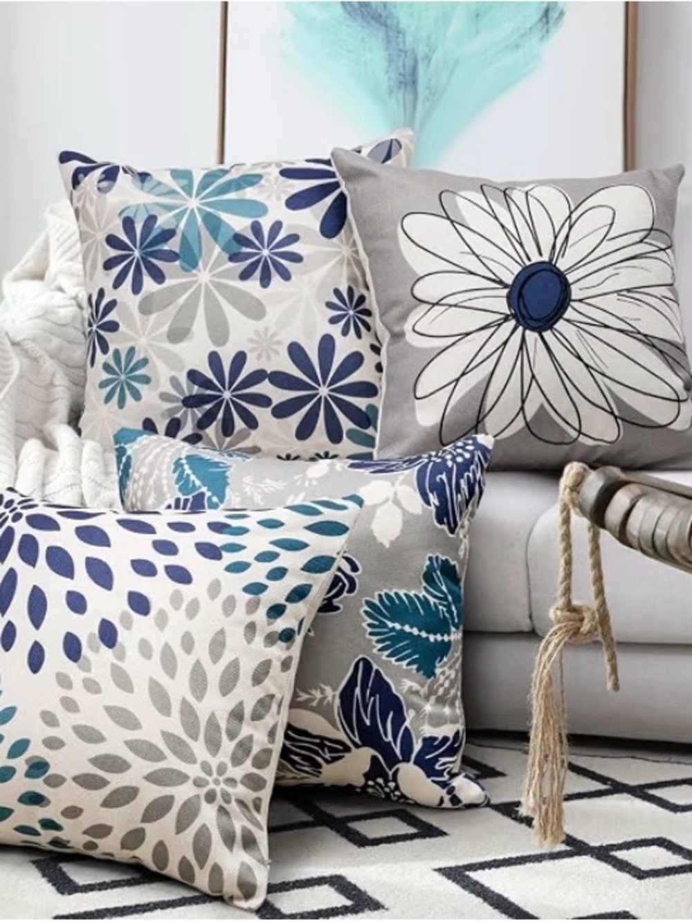 Coastal Floral Accent Pillow Set in Blue and Gray (Set of Four)